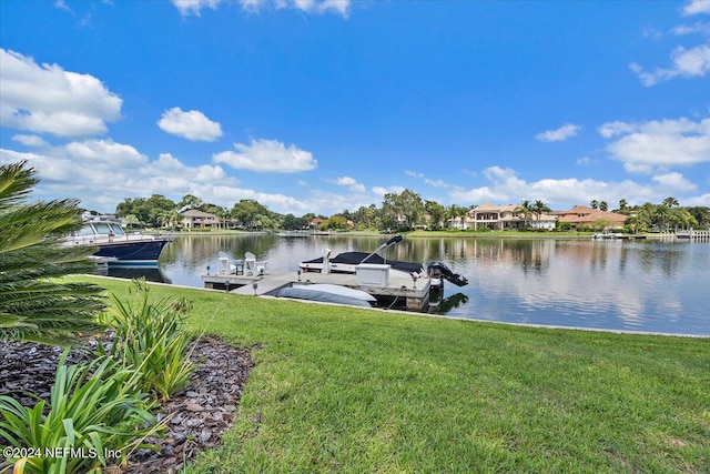 dock area with a yard and a water view