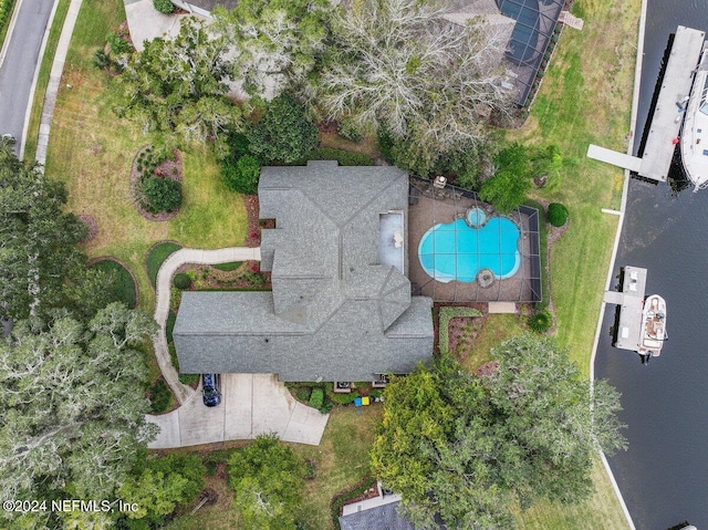 drone / aerial view featuring a water view