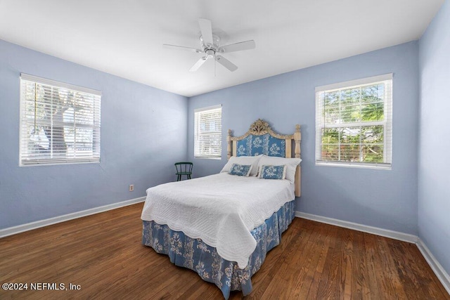 bedroom featuring multiple windows, wood finished floors, and baseboards