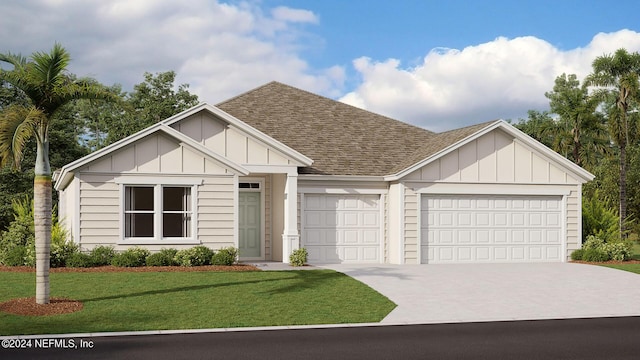 view of front of house with a front yard, driveway, a shingled roof, a garage, and board and batten siding