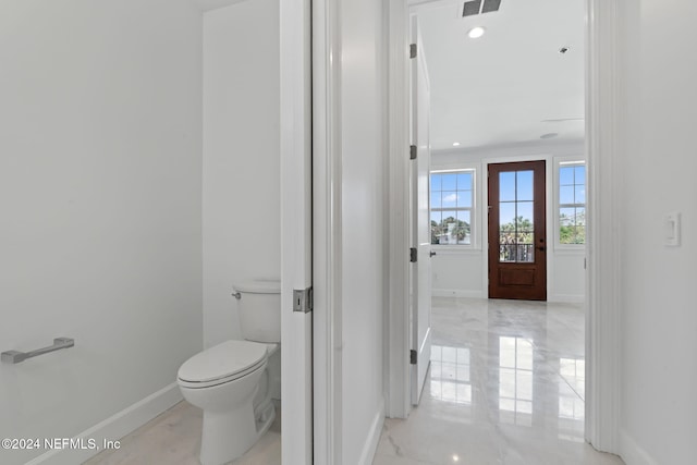 219 11th Ave S, Jacksonville Beach, FL 32250 - bathroom with visible vents, baseboards, marble finish floor, toilet, and recessed lighting