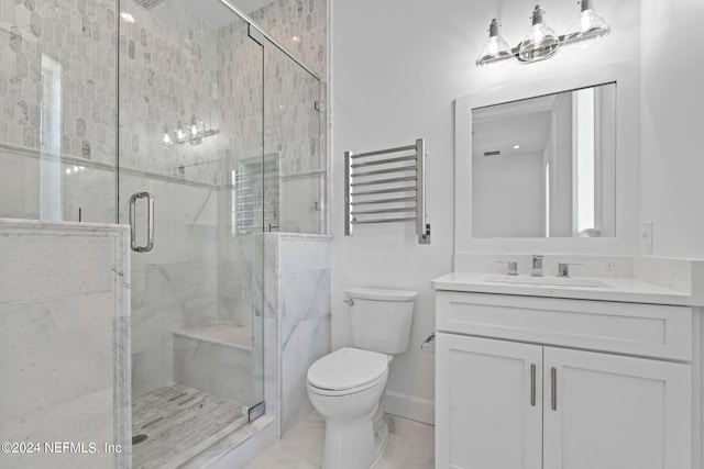 bathroom with tile patterned flooring, a shower with door, toilet, radiator heating unit, and vanity