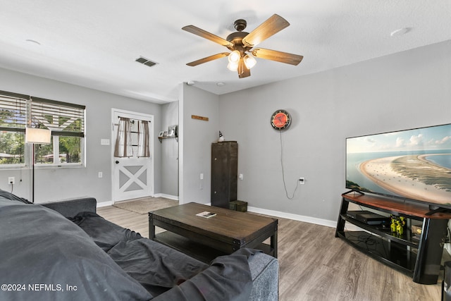 living room with ceiling fan and wood-type flooring