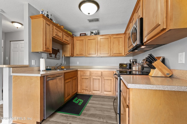 kitchen featuring sink, a textured ceiling, light hardwood / wood-style floors, and stainless steel appliances