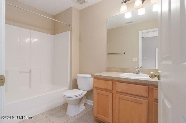 full bathroom with shower / bath combination, visible vents, toilet, vanity, and tile patterned floors