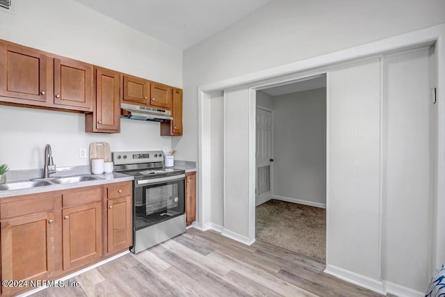 kitchen with sink, stainless steel electric stove, and light wood-type flooring