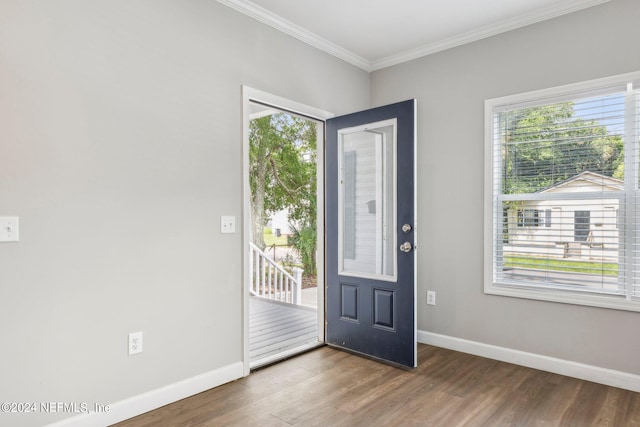 foyer with crown molding and dark hardwood / wood-style flooring