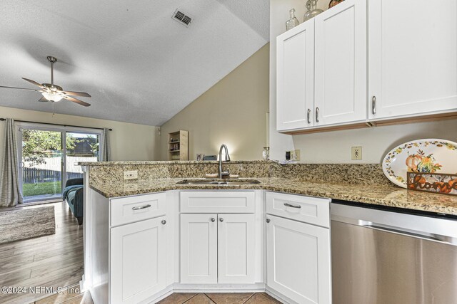 kitchen with sink, stone counters, stainless steel dishwasher, vaulted ceiling, and ceiling fan