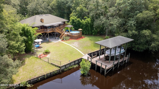 drone / aerial view with a water view