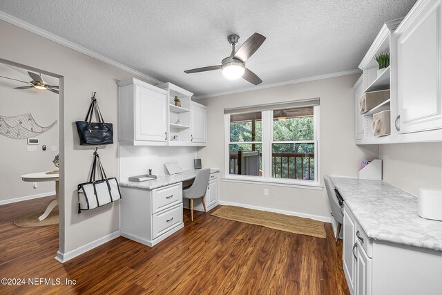 kitchen with ceiling fan, dark wood-type flooring, and white cabinets