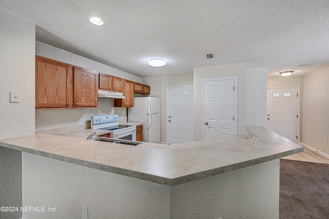 kitchen with kitchen peninsula, light colored carpet, and white appliances