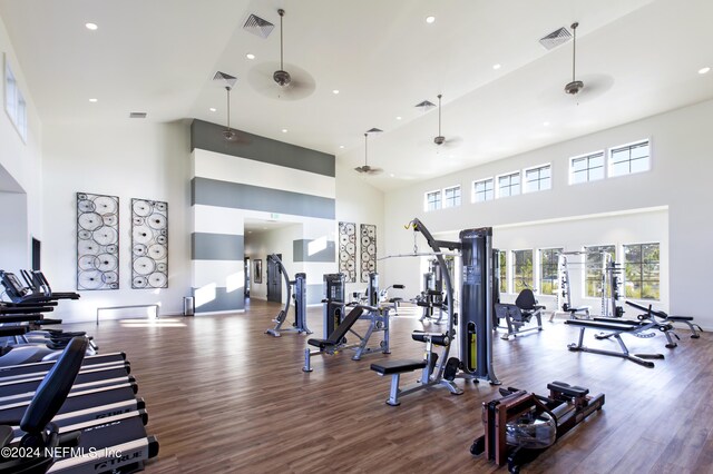 workout area with ceiling fan, dark hardwood / wood-style flooring, and high vaulted ceiling