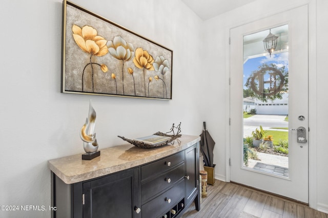 entryway with light hardwood / wood-style flooring and a healthy amount of sunlight