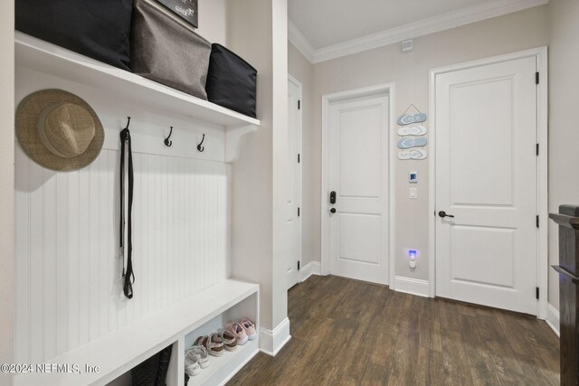 mudroom with ornamental molding and dark hardwood / wood-style floors