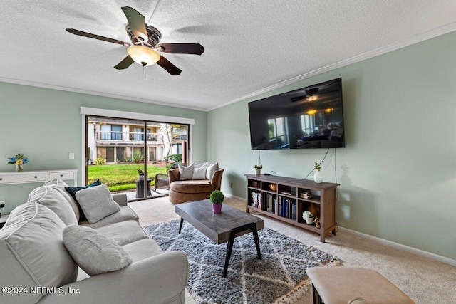 living room with light carpet, crown molding, ceiling fan, and a textured ceiling