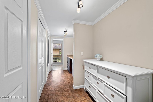 corridor featuring crown molding