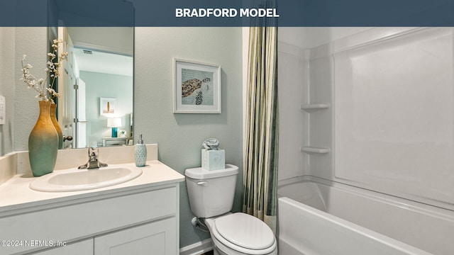 full bath featuring visible vents, a textured wall, toilet, shower / tub combo, and vanity