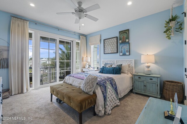 bedroom with ceiling fan, light colored carpet, and access to outside