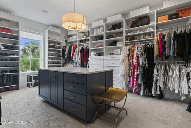 spacious closet featuring light colored carpet