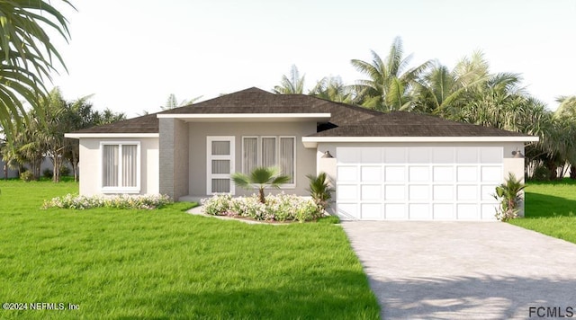 view of front of home with a garage and a front lawn