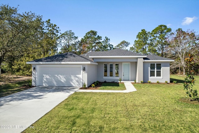 view of front of home featuring driveway, roof with shingles, an attached garage, a front lawn, and stucco siding