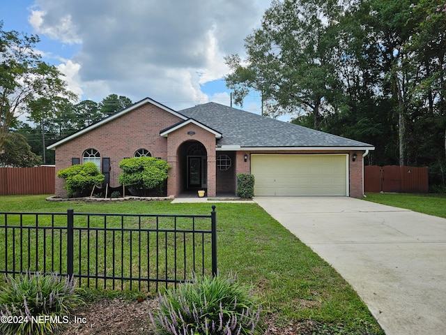 ranch-style house with a front yard and a garage