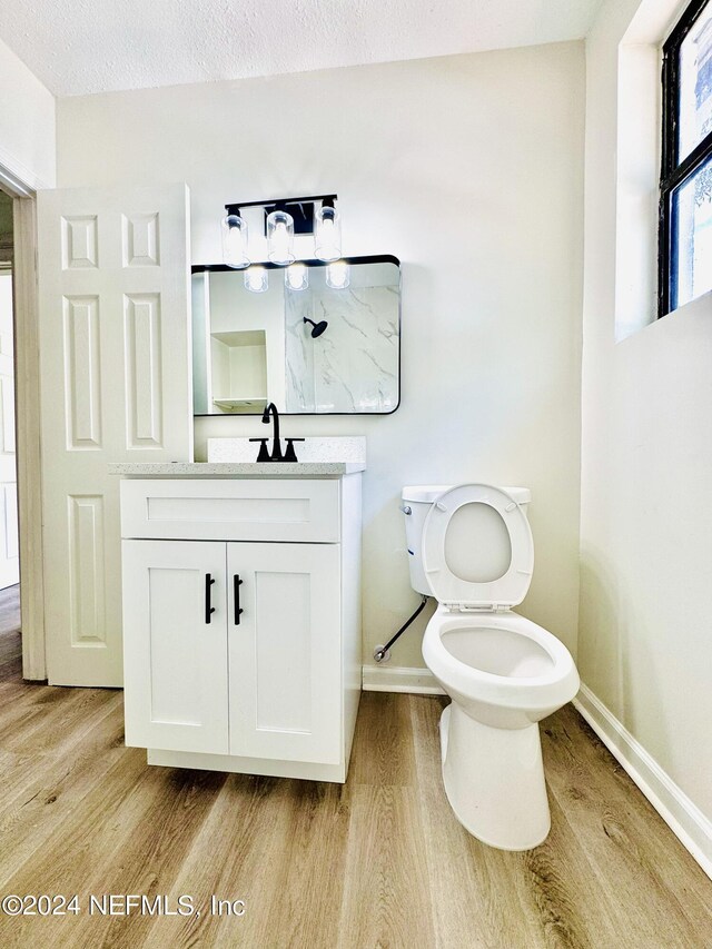 bathroom featuring vanity, a textured ceiling, hardwood / wood-style flooring, and toilet