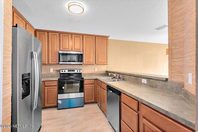 kitchen featuring appliances with stainless steel finishes, sink, a textured ceiling, and backsplash