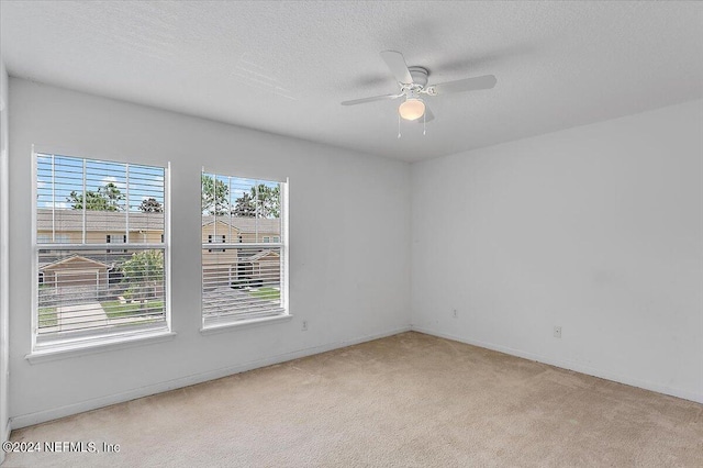 empty room with a healthy amount of sunlight, a textured ceiling, and light colored carpet