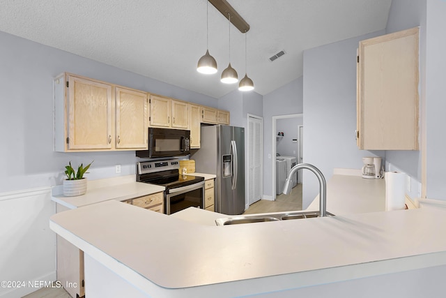 kitchen with stainless steel appliances, a peninsula, a sink, hanging light fixtures, and light countertops