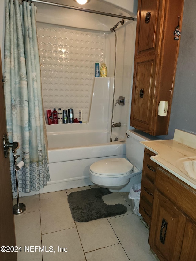 full bathroom with shower / bath combo, vanity, toilet, and tile patterned floors