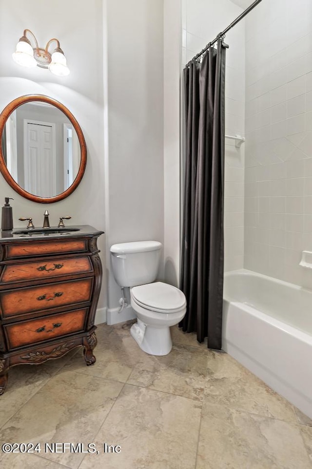 full bath with vanity, toilet, and shower / bathtub combination with curtain