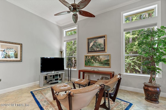 living room with baseboards, a healthy amount of sunlight, and crown molding