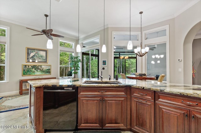 kitchen with light stone countertops, crown molding, black dishwasher, and a sink