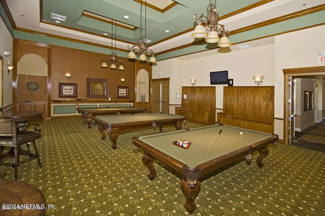 recreation room with carpet floors, arched walkways, pool table, and crown molding