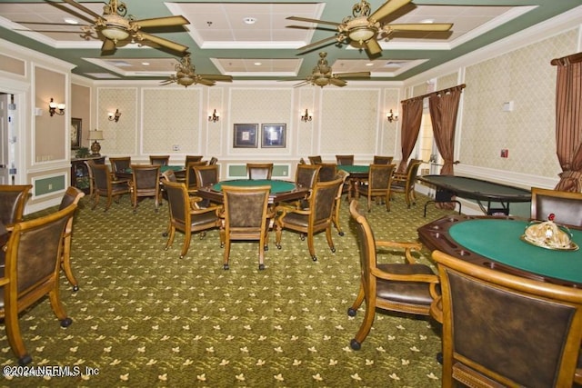 carpeted dining area featuring a decorative wall, ornamental molding, and wallpapered walls