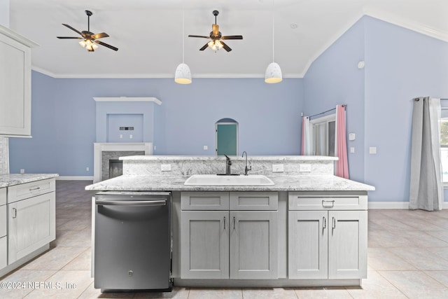 kitchen with crown molding, a sink, stainless steel dishwasher, and a ceiling fan