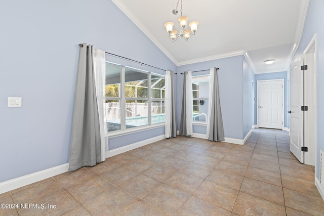 unfurnished dining area featuring baseboards, lofted ceiling, tile patterned flooring, crown molding, and a chandelier