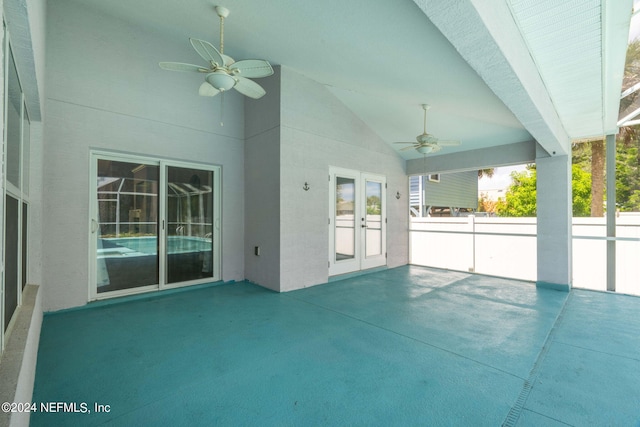 view of patio featuring ceiling fan, french doors, and fence