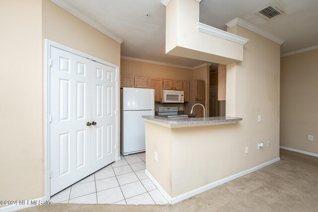 kitchen featuring ornamental molding, sink, light tile patterned floors, kitchen peninsula, and white appliances