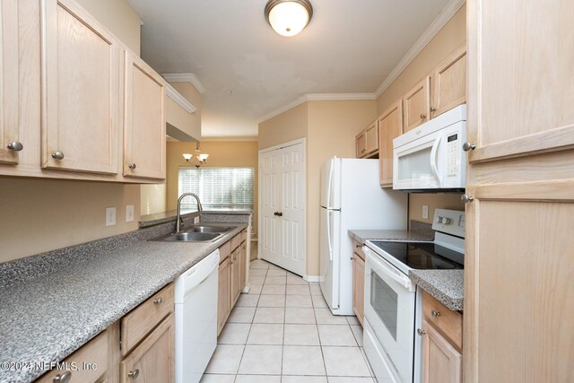 kitchen featuring sink, ornamental molding, white appliances, light brown cabinetry, and light tile patterned floors