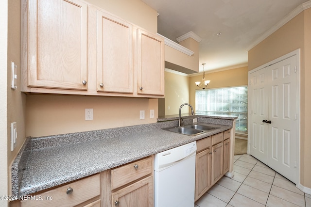 kitchen featuring dishwasher, ornamental molding, sink, light brown cabinets, and light tile patterned floors