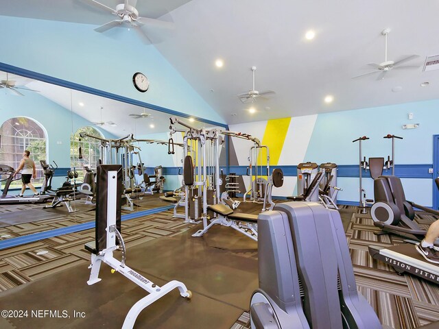 workout area featuring ceiling fan, high vaulted ceiling, and carpet flooring