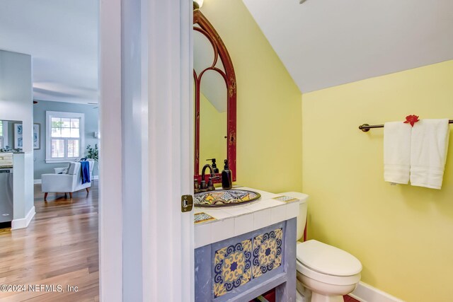 bathroom with sink, lofted ceiling, hardwood / wood-style floors, and toilet