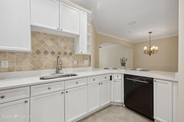 kitchen with black dishwasher, decorative light fixtures, crown molding, white cabinetry, and a sink