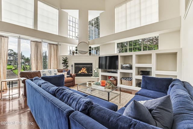 living room featuring hardwood / wood-style floors and a high ceiling