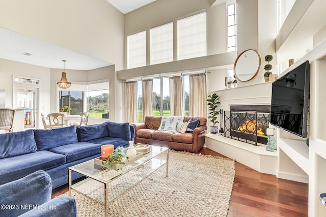 living room with hardwood / wood-style flooring and a high ceiling