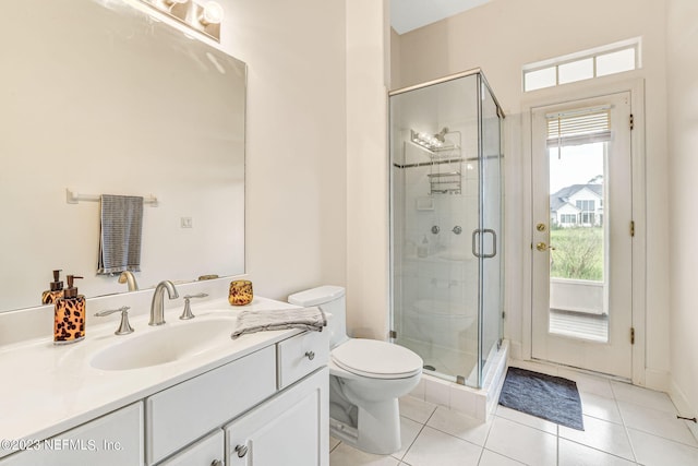 bathroom with tile patterned floors, toilet, walk in shower, and vanity