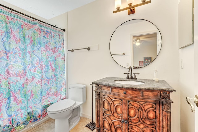 full bathroom featuring ceiling fan, toilet, tile patterned flooring, and vanity