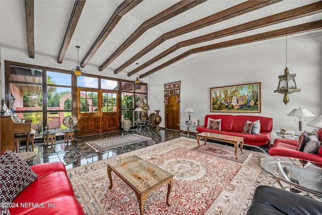 tiled living room featuring lofted ceiling with beams